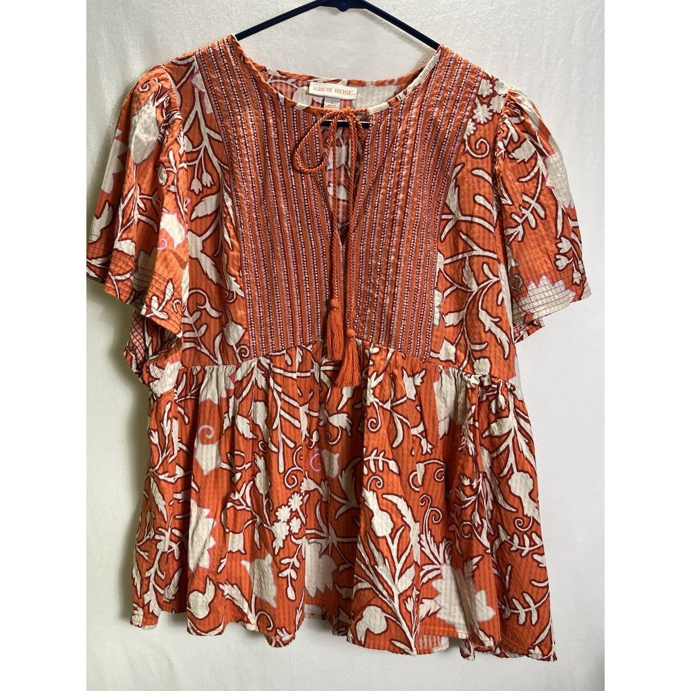 Knox Rose Women's Large Orange Floral Boho Baby Doll Tunic Top Tassel Tie Neck